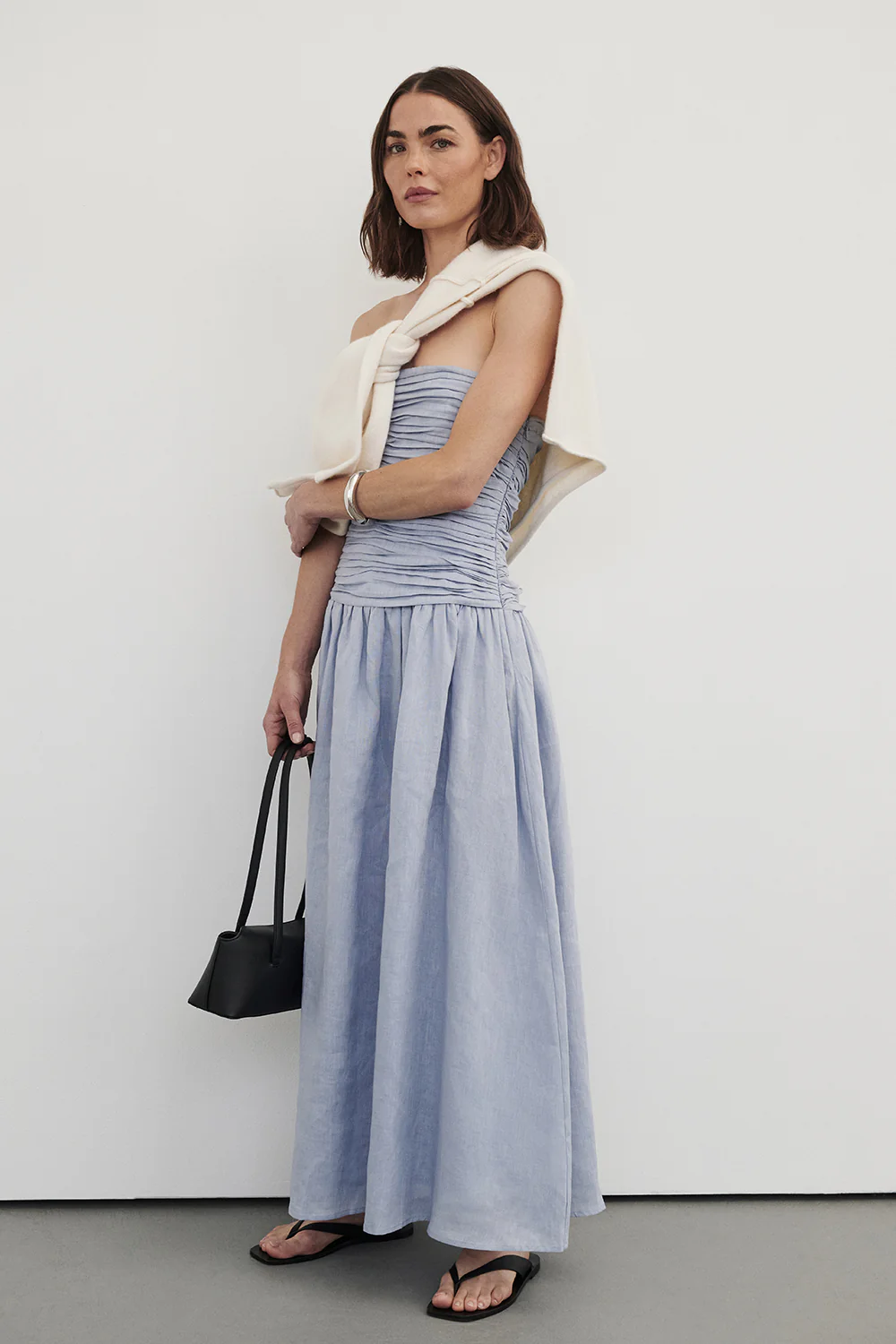 AUBRIELLA DUSTY BLUE LINEN MIDI DRESS