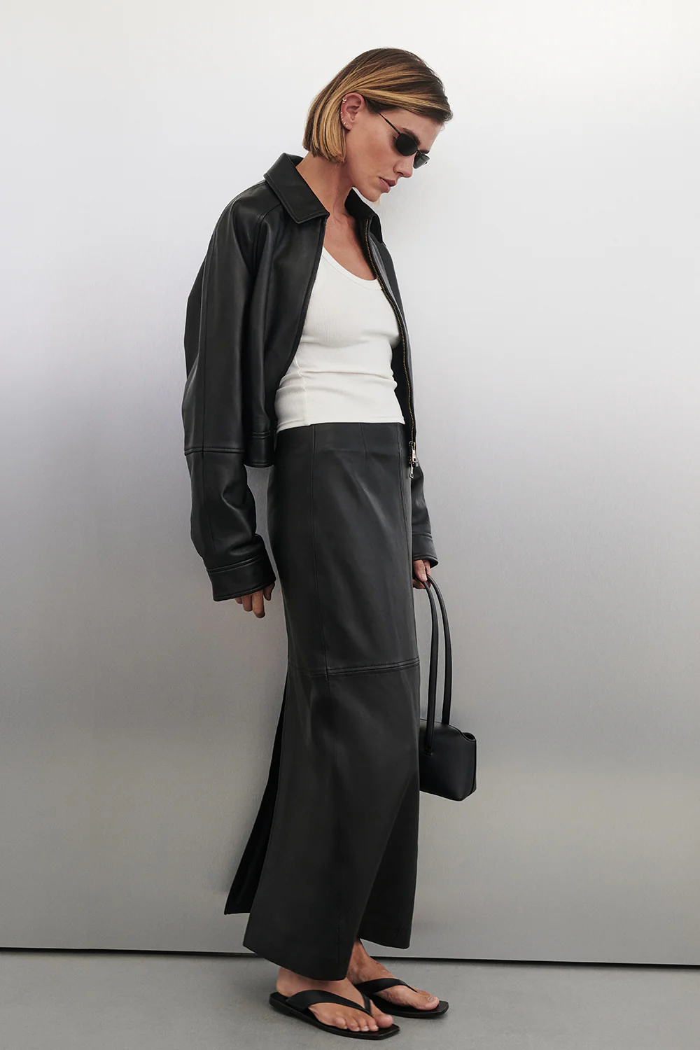 COOPER BLACK LEATHER MIDI SKIRT