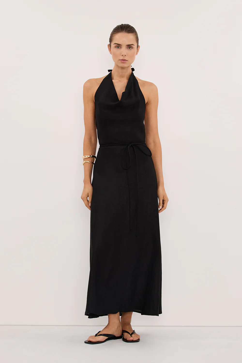 HAYLEE BLACK SLEEVELESS LINEN COWL MIDI DRESS